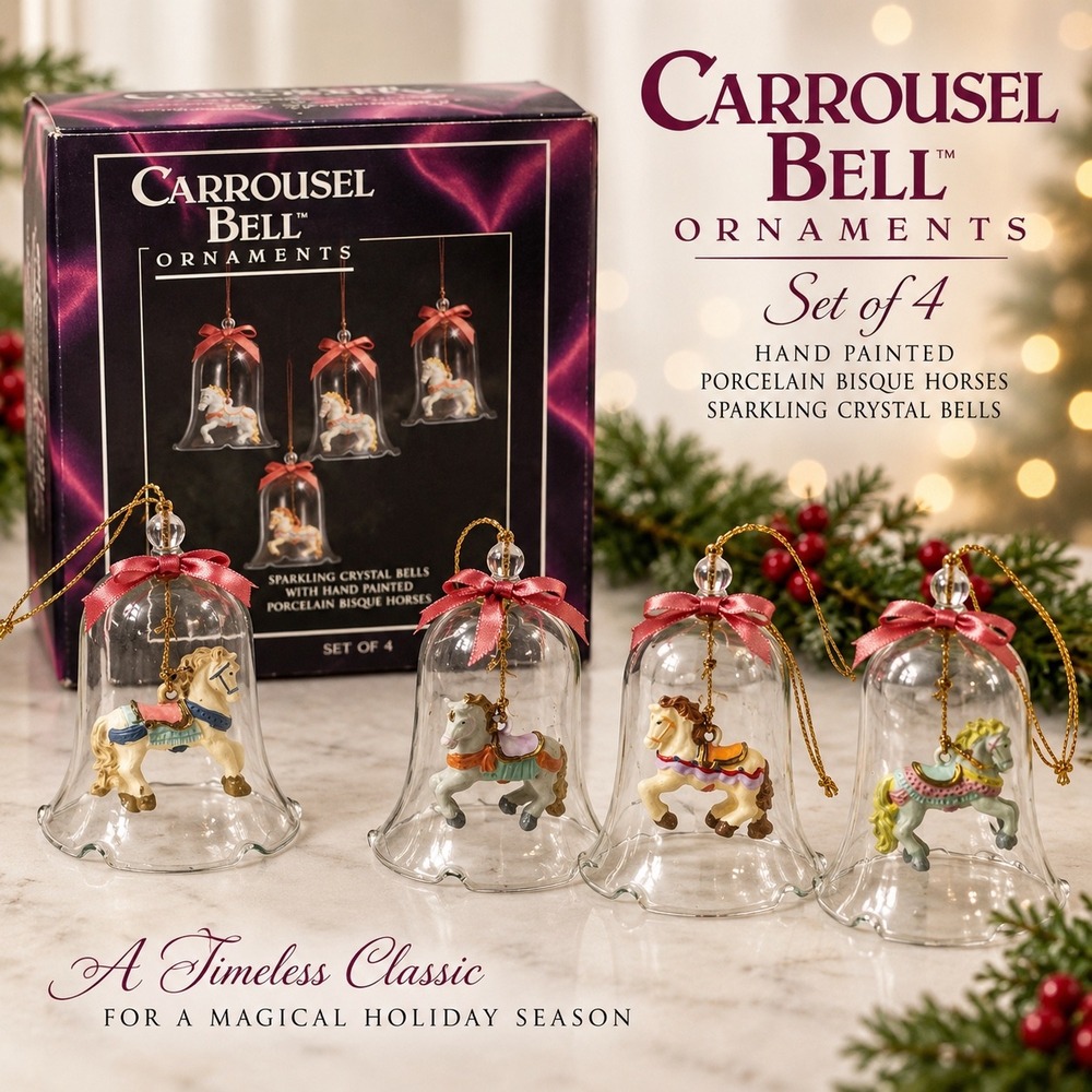 Vintage JSNY A Tender Scene Carrousel Bell Ornaments Set of 4 NOS Original Boxed